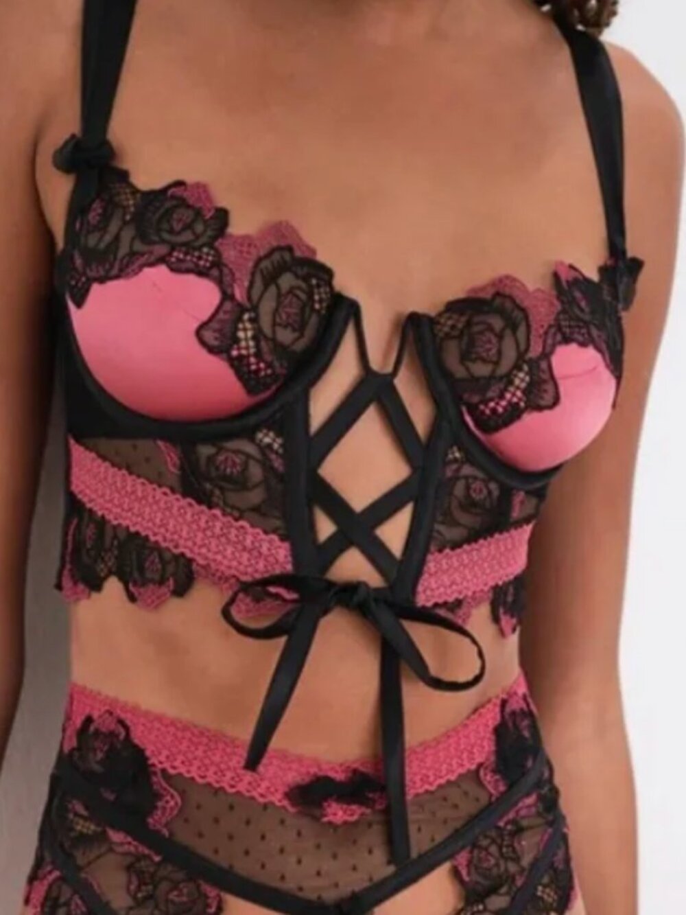 For Love & Lemons Women's Ivy Rose Lace Up Bustier Corset Black Pink Satin M Top